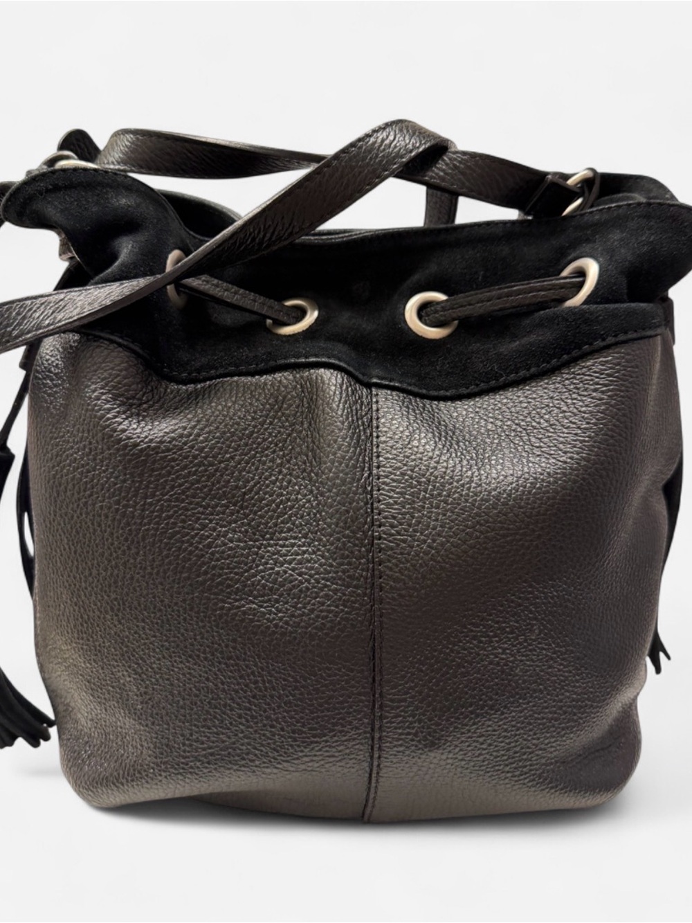 American Eagle Black Leather Bucket Crossbody Bag